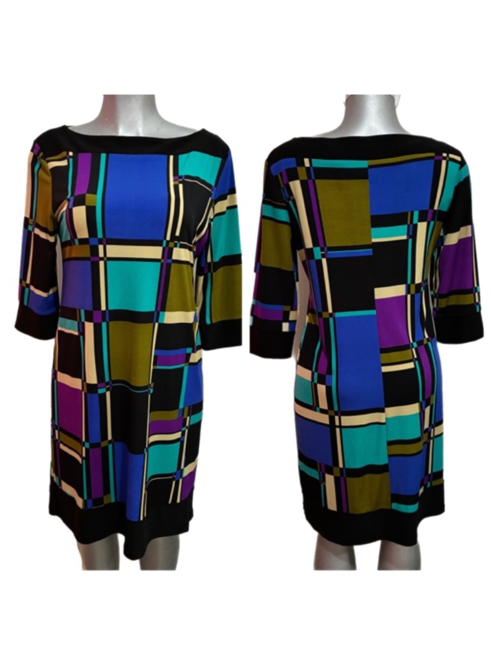 Soho Shift Dress Geometric Colorblock Business Casual Sz Large Stretch 70’s